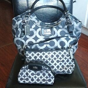 Coach Opus Black and Gray Circle Pattern Tote Set